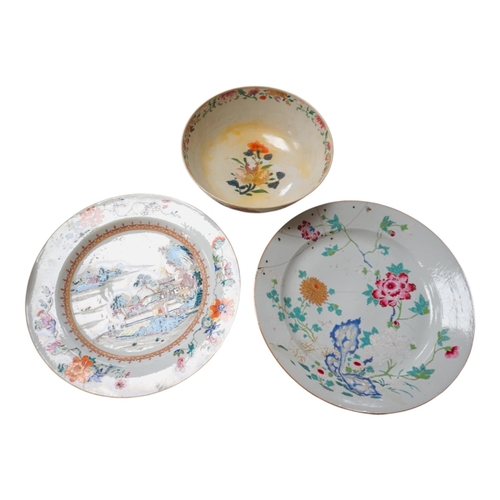 1397 - A Chinese famille rose landscape dish, Qianlong, 38.5cm, another dish with floral decoration, 38.5... 