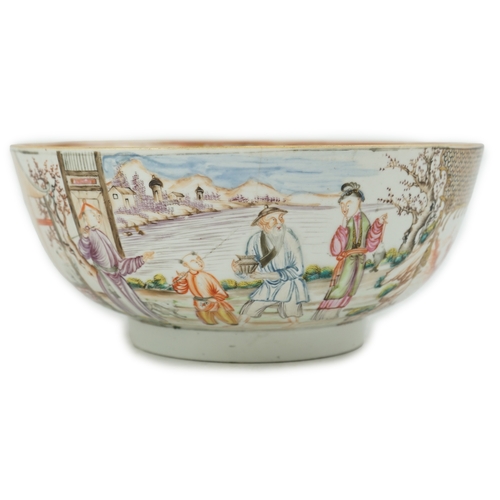 1404 - A Chinese famille rose mandarin bowl, Qianlong period, painted with figures in a lakeside garden, ... 