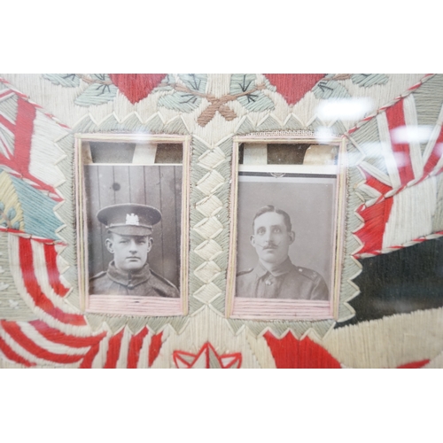 1409 - Two early 20th century woolwork panels housing black and white photographs to include soldiers in mi... 