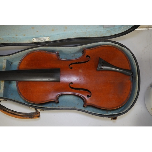 1413 - A late 19th century French Chipot-Vuillaume violin, with Edward Withers case, back measures 36cm. ... 