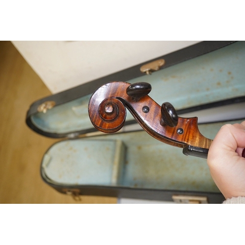 1413 - A late 19th century French Chipot-Vuillaume violin, with Edward Withers case, back measures 36cm. ... 