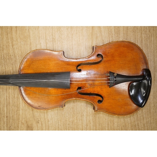 1414 - A late 19th century French violin, back measures 36cm. Condition - fair