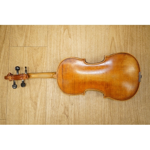 1414 - A late 19th century French violin, back measures 36cm. Condition - fair