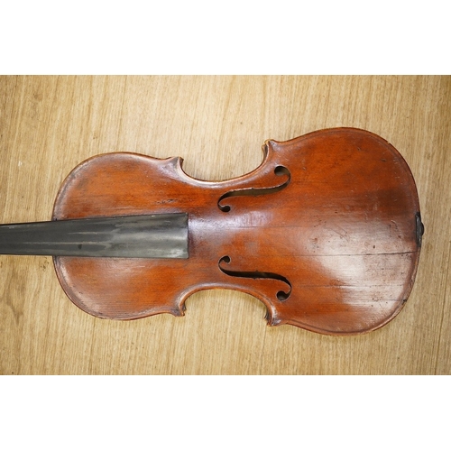 1415 - A late 19th century German violin, back measures 36cm. Condition - poor to fair