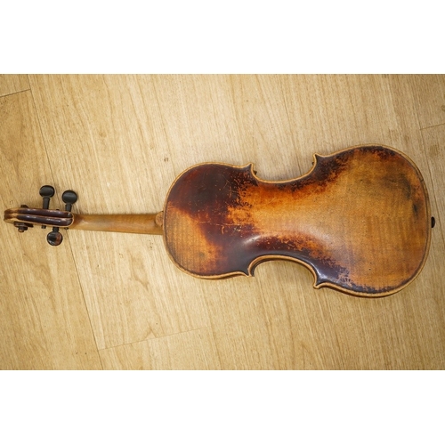 1415 - A late 19th century German violin, back measures 36cm. Condition - poor to fair