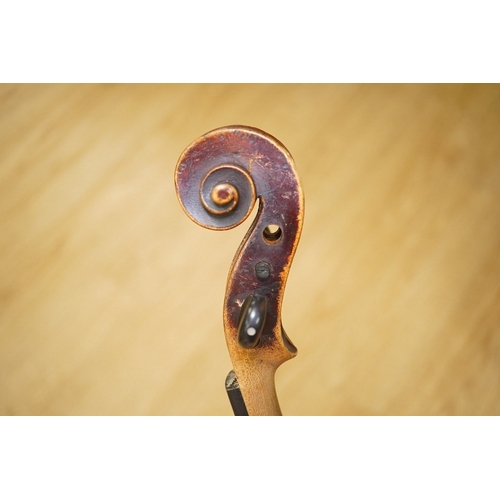 1415 - A late 19th century German violin, back measures 36cm. Condition - poor to fair