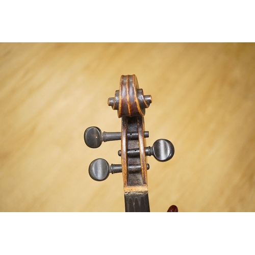 1415 - A late 19th century German violin, back measures 36cm. Condition - poor to fair