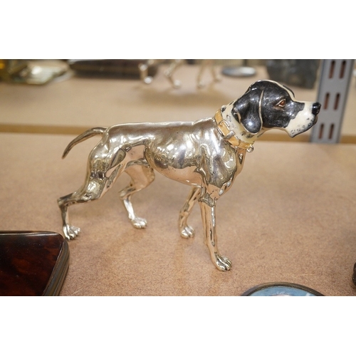 1422 - An enamelled silver plated model of a hound, tortoiseshell cigar case and watercolour miniature of a... 