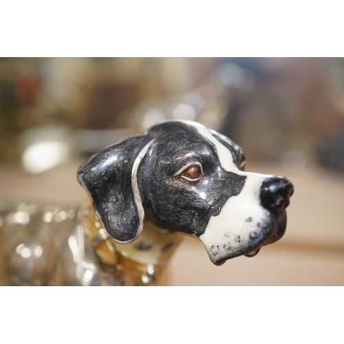 1422 - An enamelled silver plated model of a hound, tortoiseshell cigar case and watercolour miniature of a... 