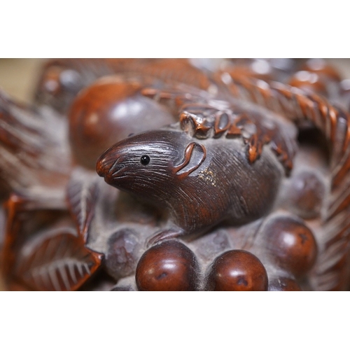 1427 - A Japanese boxwood koro and cover, Meiji period, modelled as a basket of fruit with mice, signed to ... 