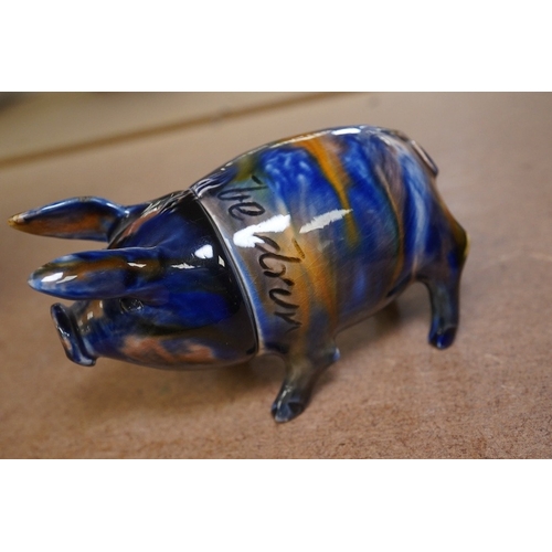 1430 - A Rye Pottery lustre glazed pig with detachable head, incised “Wunt Be Druv”, 9cm wide. Condition - ... 