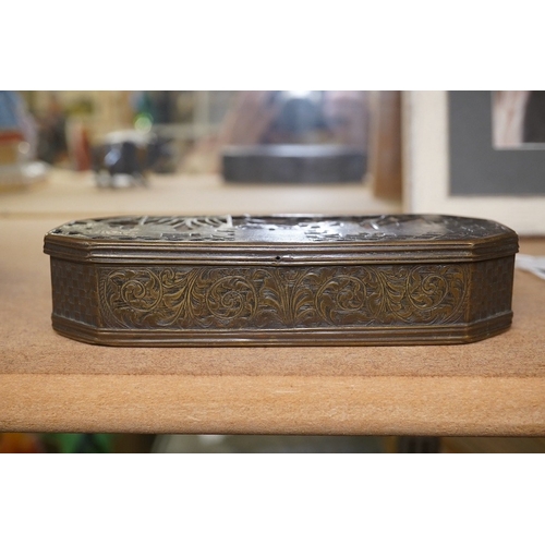 1431 - An 18th century Dutch inscribed and reticulated brass tobacco box, 15.5cm in length. Condition - fai... 