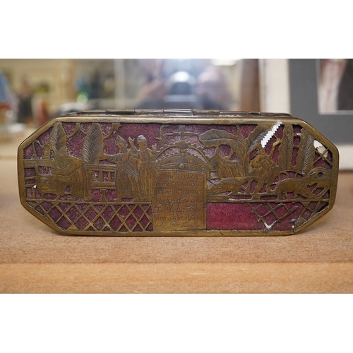 1431 - An 18th century Dutch inscribed and reticulated brass tobacco box, 15.5cm in length. Condition - fai... 