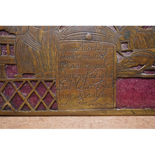 1431 - An 18th century Dutch inscribed and reticulated brass tobacco box, 15.5cm in length. Condition - fai... 