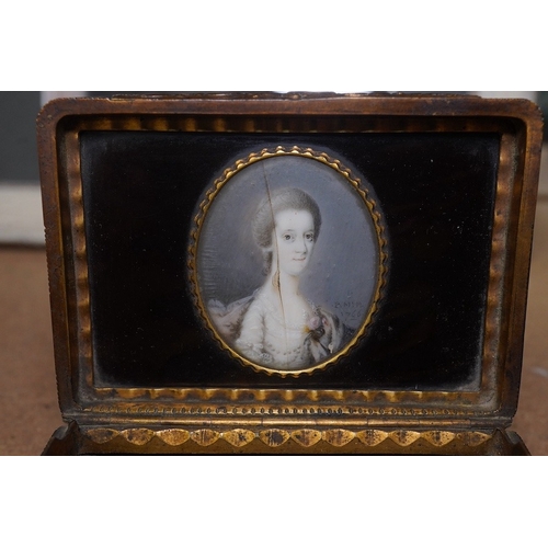 1433 - A George III tortoiseshell and gilt metal inlaid ivory portrait miniature snuff box and another port... 