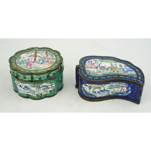 1434 - Two Chinese Guangzhou enamel boxes and a similar petal lobed dish, Daoguang period, the leaf shaped ... 