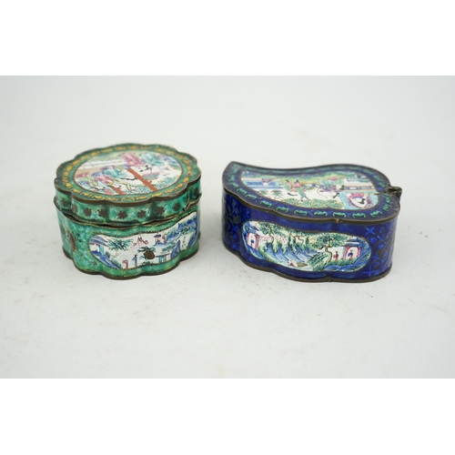 1434 - Two Chinese Guangzhou enamel boxes and a similar petal lobed dish, Daoguang period, the leaf shaped ... 