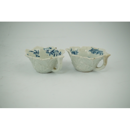 1437 - A pair of Worcester blue and white butterboats, c.1758-60, with differing blue and white decoration,... 