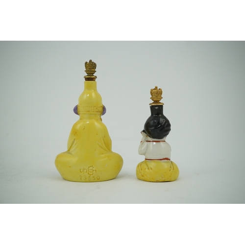 1439 - Two Continental porcelain figural scent bottles with gilt stoppers, largest 9cm high. Condition - go... 