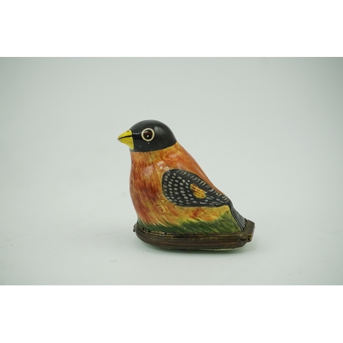 1458 - An 18th century South Staffordshire (Bilston) enamel box modelled as a bird with floral decorated co... 