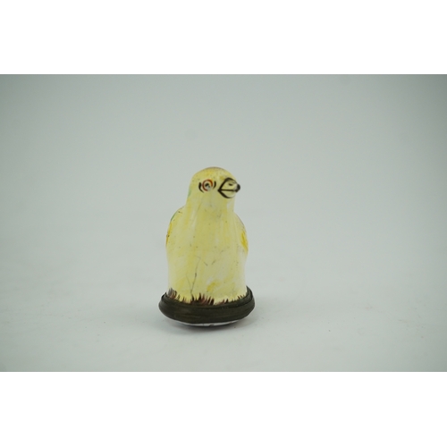 1462 - An 18th century South Staffordshire (Bilston) enamel box modelled as a canary with floral decorated ... 