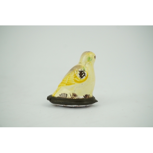 1462 - An 18th century South Staffordshire (Bilston) enamel box modelled as a canary with floral decorated ... 