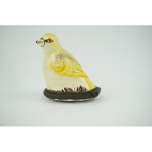 1462 - An 18th century South Staffordshire (Bilston) enamel box modelled as a canary with floral decorated ... 