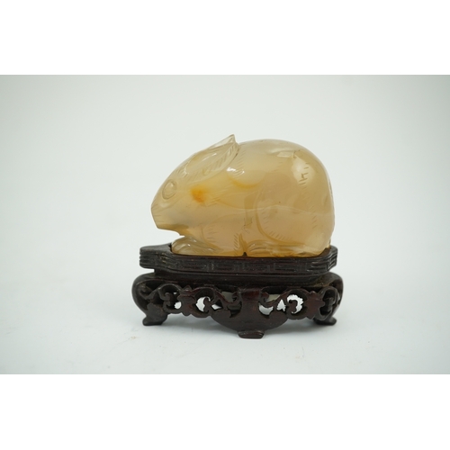 1463 - Chinese agate rabbit snuff bottle on stand and green hardstone bug pendant, rabbit snuff bottle 5cm ... 