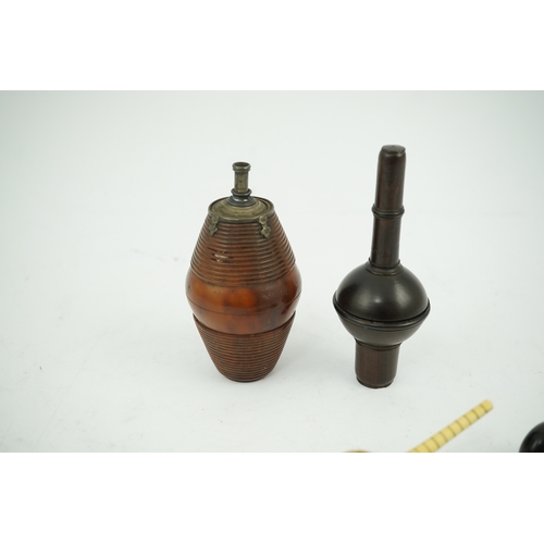 1465 - A 19th century coquilla nut powder flask, a hardwood cased ivorine hydrometer and a small ebony gave... 