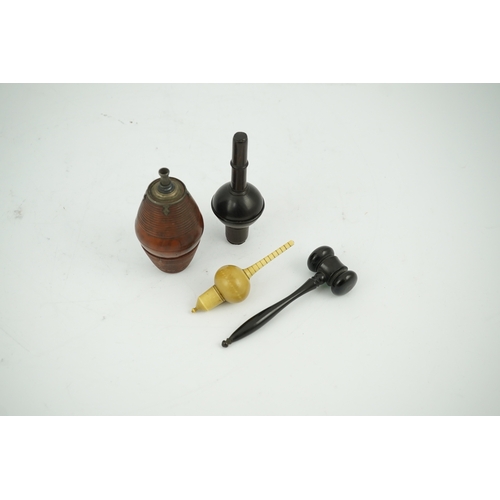 1465 - A 19th century coquilla nut powder flask, a hardwood cased ivorine hydrometer and a small ebony gave... 