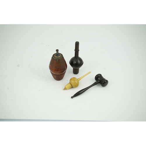 1465 - A 19th century coquilla nut powder flask, a hardwood cased ivorine hydrometer and a small ebony gave... 