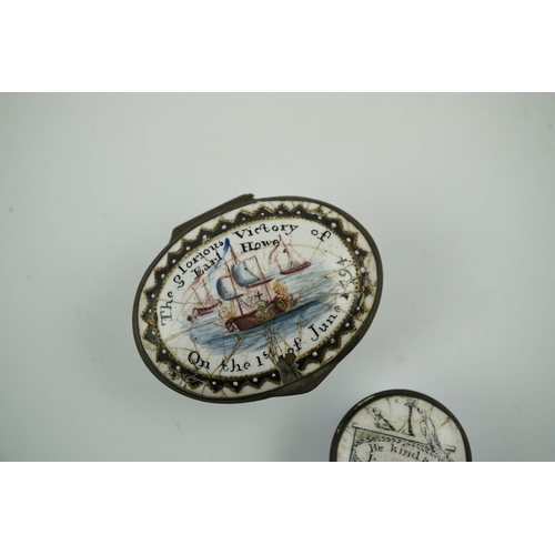 1471 - Two 18th century South Staffordshire enamel patch boxes, one inscribed 'The Glorious Victory, Earl H... 