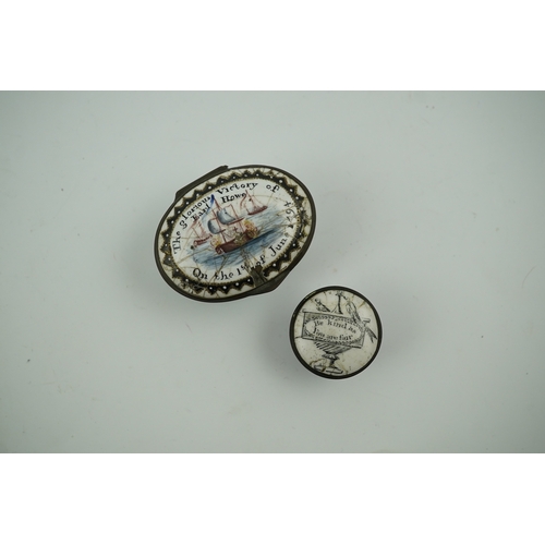 1471 - Two 18th century South Staffordshire enamel patch boxes, one inscribed 'The Glorious Victory, Earl H... 