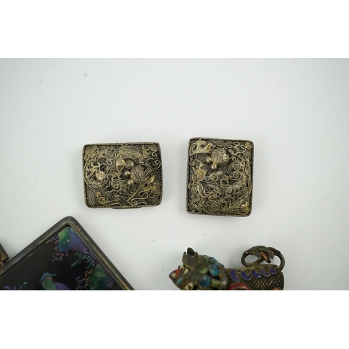 1480 - A Chinese silver buckle with filligree butterfly decoration, a pair of enamelled miniature lion dogs... 