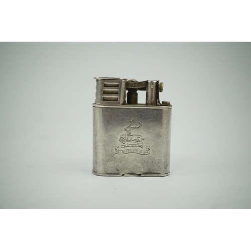 1482 - An Edwardian Dunhill cigarette lighter with unmarked crested white metal banding and patent no.28880... 