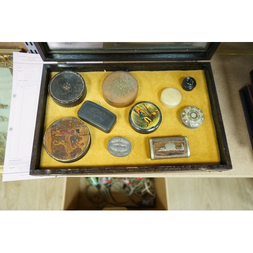 1483 - Ten various snuff boxes to include horn, white metal, brass mounted and one printed with a classical... 