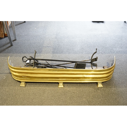 1489 - A Victorian brass fire kerb etc, kerb 108cm wide. Condition - fair length 111cm, a set of modern wro... 