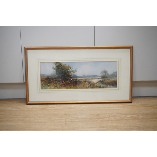 1714 - Sidney Hines, watercolour, Riverscape with figures, 18 x 53cm. Condition - good