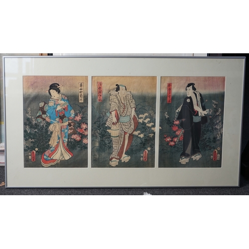 1730 - Kunisada Toyokuni III (1786-1864), woodblock tryptych, Three actors standing in gardens, each 35 x 2... 