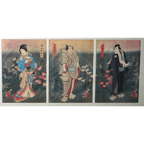 1730 - Kunisada Toyokuni III (1786-1864), woodblock tryptych, Three actors standing in gardens, each 35 x 2... 