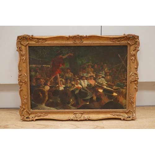 1735 - Early 20th century, French School, oil on canvas, Tight rope walker, 29 x 45cm. Condition - fair, so... 