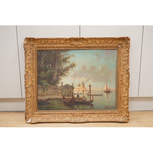 1737 - S. Dominque?, oil on canvas, Venetian scene with gondolas, signed, 49 x 64cm, ornately framed. Condi... 