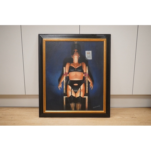 1754 - After Vettriano, oil on canvas, Portrait of a woman wearing lingerie, 60 x 49cm. Condition - good... 