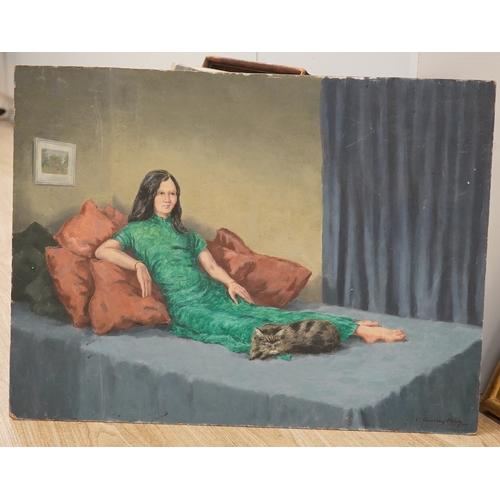 1756 - Victor Coverley-Price (1901-1988), oil on board, Study of a reclining woman wearing green, signed, 4... 