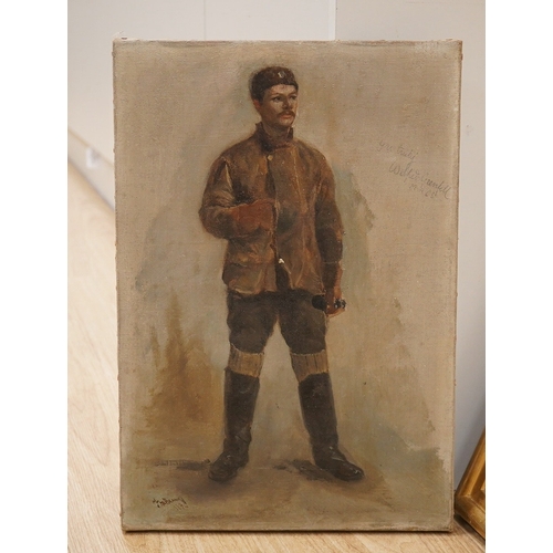 1764 - 20th century School, oil on canvas, Full length study of a military gentleman, indistinctly signed a... 