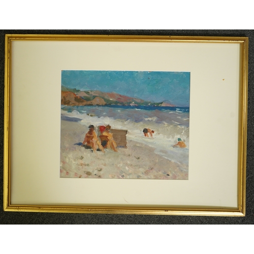 1768 - Impressionist oil on card, Beach scene with figures, unsigned, 27 x 32cm. Condition - good