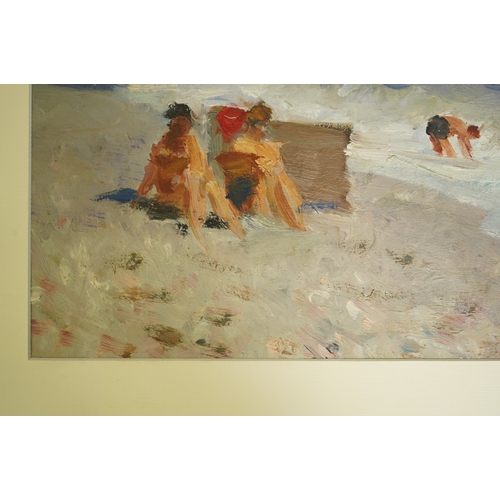 1768 - Impressionist oil on card, Beach scene with figures, unsigned, 27 x 32cm. Condition - good