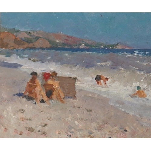 1768 - Impressionist oil on card, Beach scene with figures, unsigned, 27 x 32cm. Condition - good