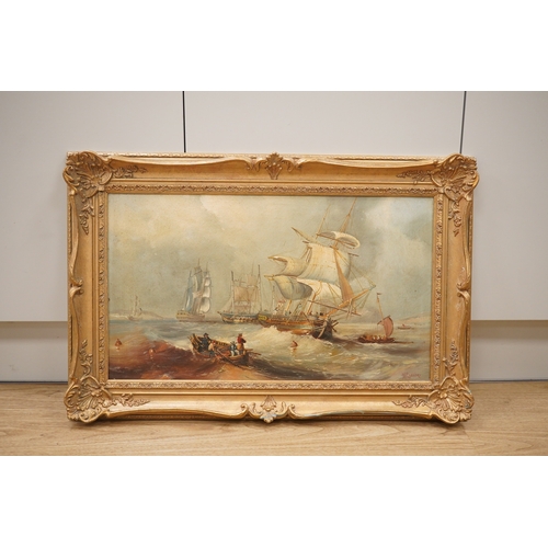 1773 - Manner of Henry Redmore, oil on canvas board, Maritime scene with ships, 34 x 58cm, ornate gilt fram... 