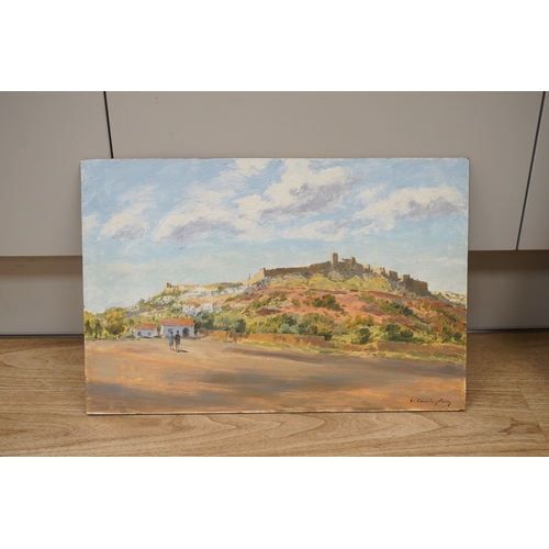 1781 - Victor Coverley-Price (1901-1988), oil on board, Landscape with walled city, signed, 30 x 46cm, unfr... 